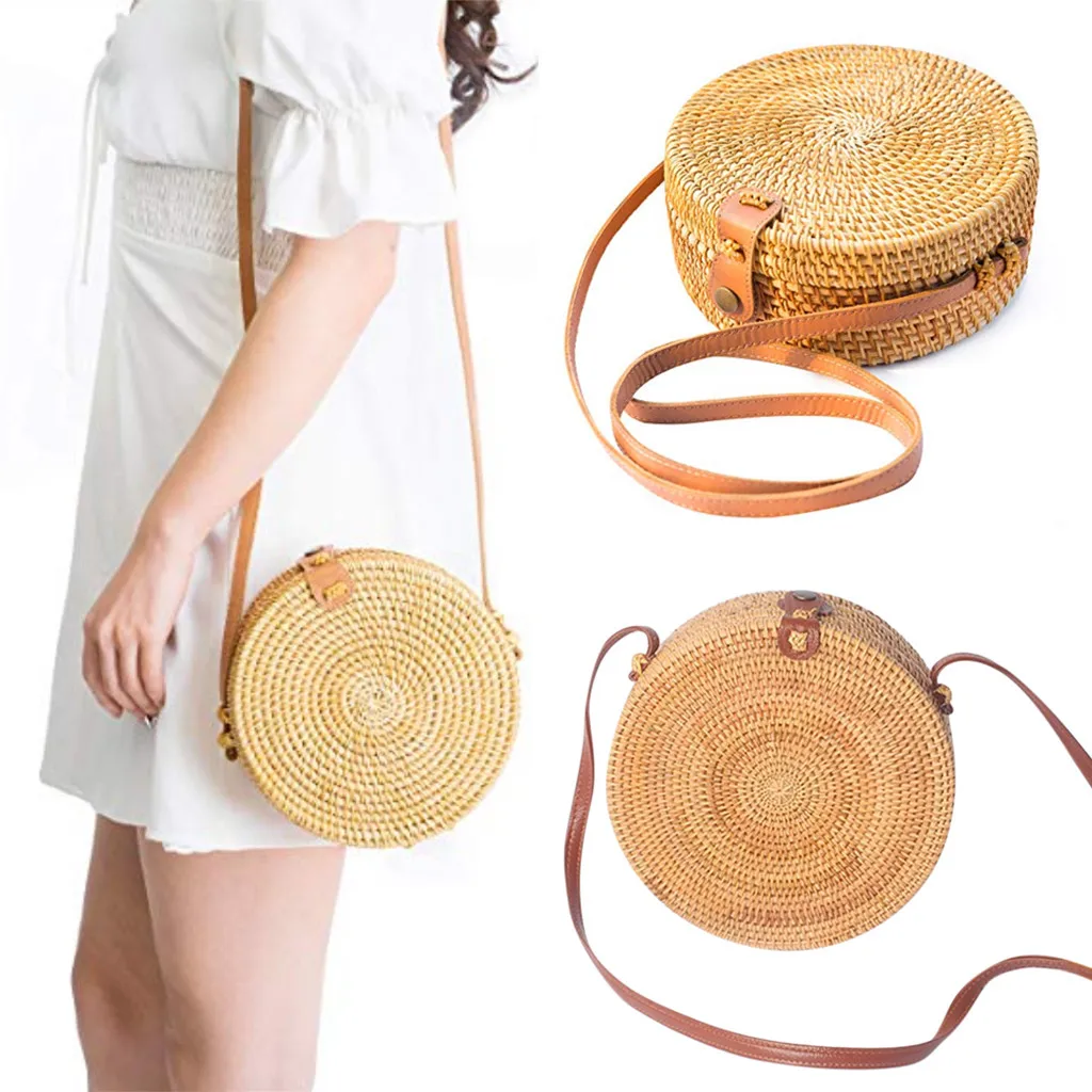 

Women Ladies Bags Circle Handwoven Bali Round Retro Rattan Straw Beach Bag Crossbody pochette femme soir e 2019 clutch female