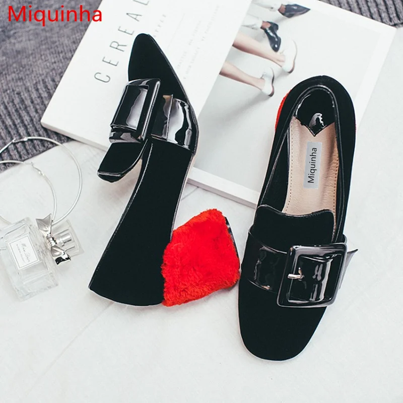 Miquinha Square Toe Mary Janes Patent Leather Shoes Women Pumps Med Red Heel Big Square Buckle Decor Shoes Slip On Women Shoes