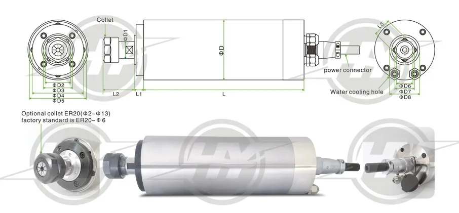 HUANYANG VFD 2.2KW 220V инвертор частоты и шпиндель 2.2KW двигатель с водяным охлаждением ER20 24000 об/мин