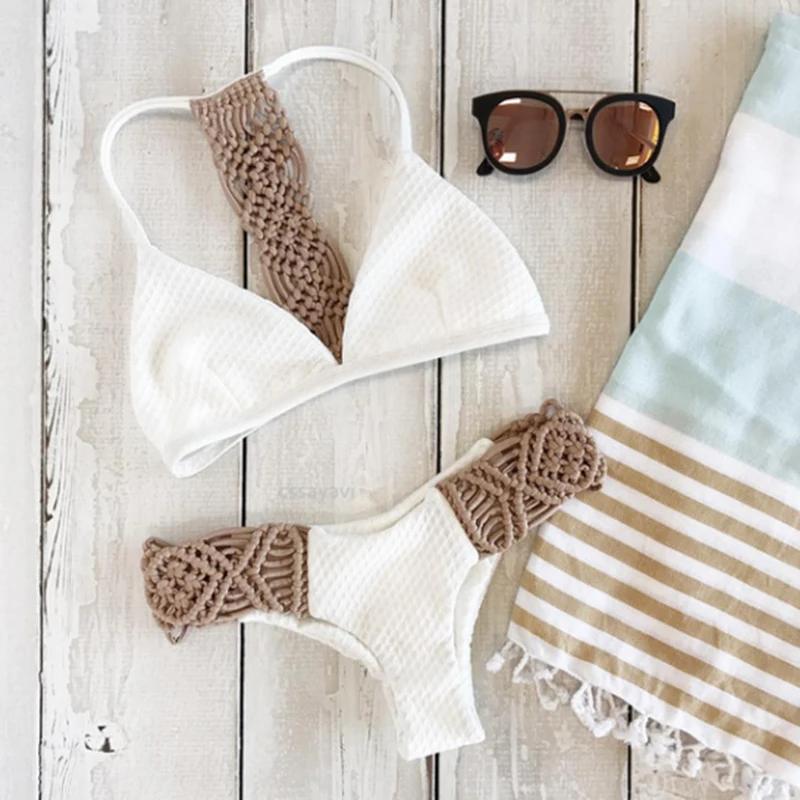 

Sexy Hollow Bikini Set White Swimsuit Women Push Up Bikinis Two Piece Swimwear 2019 Female Knitting Bathing Suit Woman Beachwear
