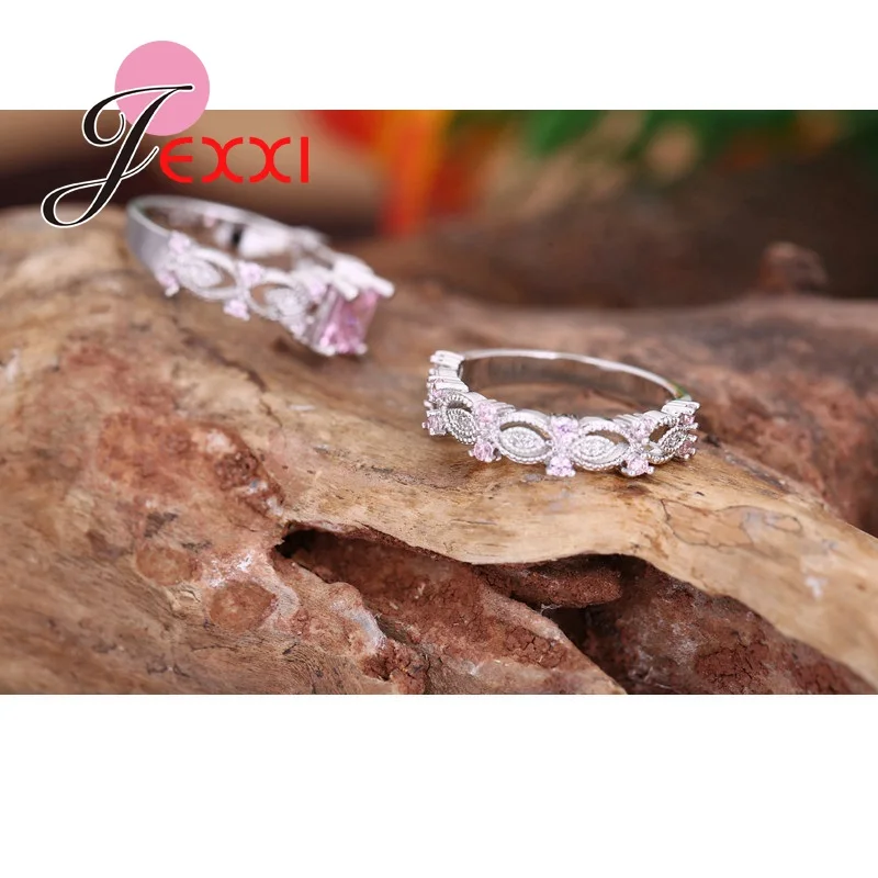JEXXI Pure Love Pink CZ Cubic Zirconia Stone Ring Set S925 Stamped Silver Bridal Set For Engagement/Wedding Rings A Pair