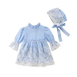 Сладкий Детское кружевное платье принцессы для маленьких девочек синее кружевное Платье с цветочным узором, футболка с длинными рукавами +