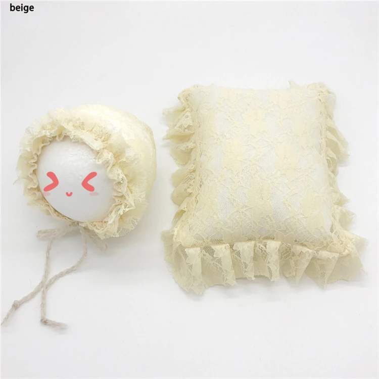 Baby Photo Props Accessories Bebe Girl Lace Hat Posing Pillow 2pcs Set Newborn Infant Pictures Clothing Lace Pillow Beanie