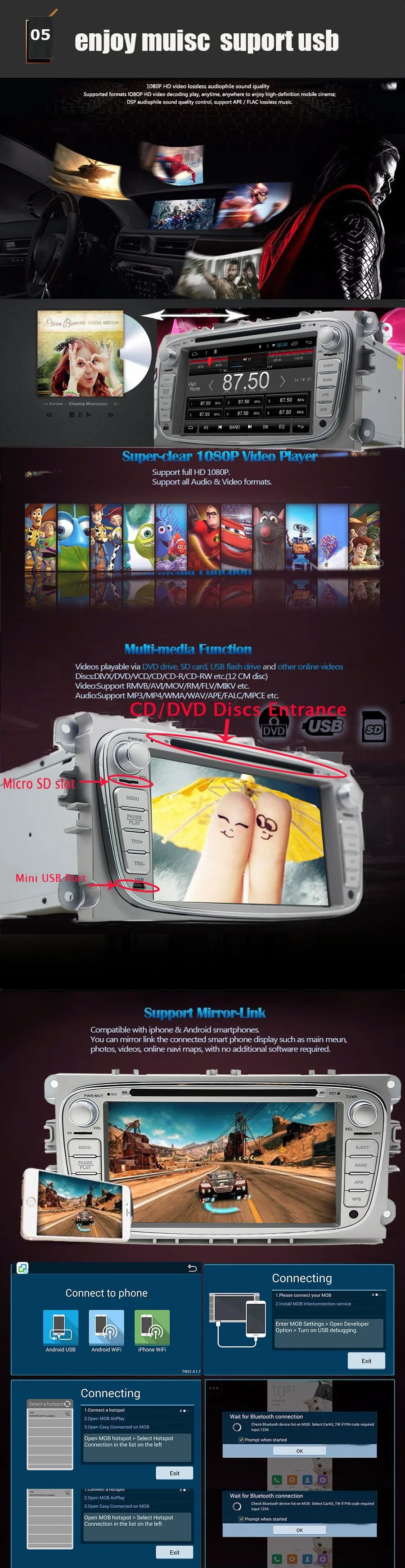 Perfect 2 Din Android 8.01 Quad Core HD 1024*600 Car DVD Player for Ford Focus Mondeo S-Max Cmax Galaxy car Audio Radio Stereo Head Unit 2