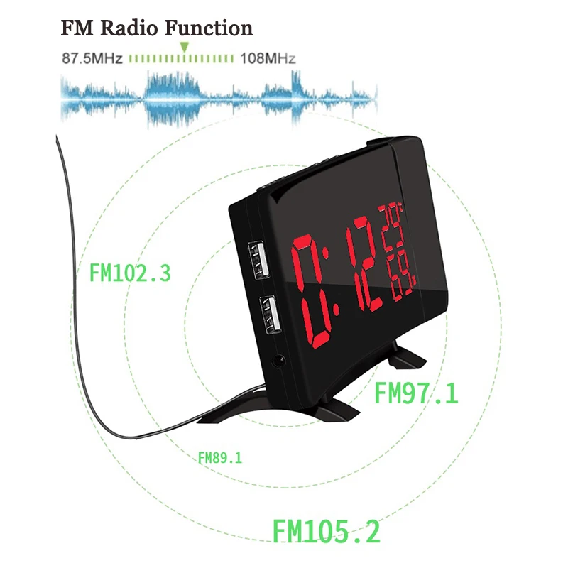 Радио Будильник цифровые LED изогнутый экран часы проектор 4 звуков FM радио
