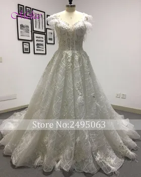 

Fmogl Glamorous Appliques Chapel Train Lace Princess Wedding Dress 2020 Sexy V-neck Feathers A-Line Bride Gown Vestido de Noiva