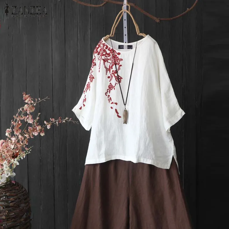 

2019 Plus Size ZANZEA Autumn Party Shirts Casual Floral Embroidery Cotton Blouse Women 3/4 Sleeve Split Tunic Tops Female Blusas