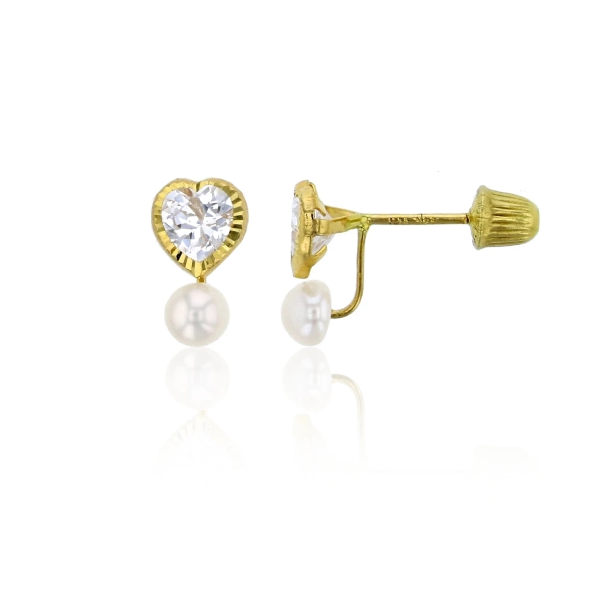 YGI FPE4711Y 14K Yellow Gold DC Heart Bezel and Freshwater Pearl Hat Screw Back Double Stud Earring (1)