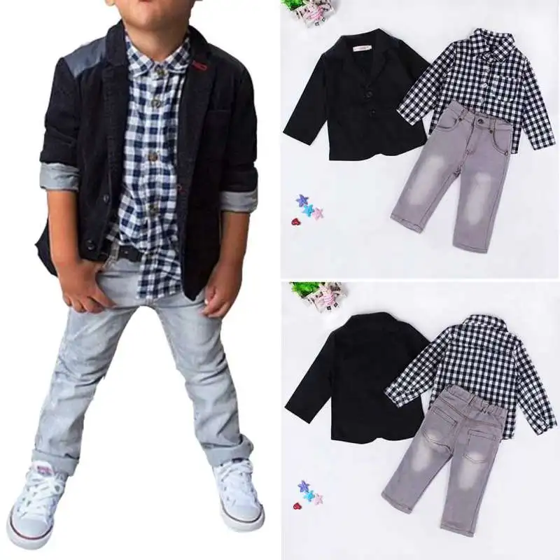 3pcsset Summer Baby Boys Dress Suits Clothes For Gentleman Boys Children Shirts Pants Kids Suit Jacket + Plaid Shirt + Jeans