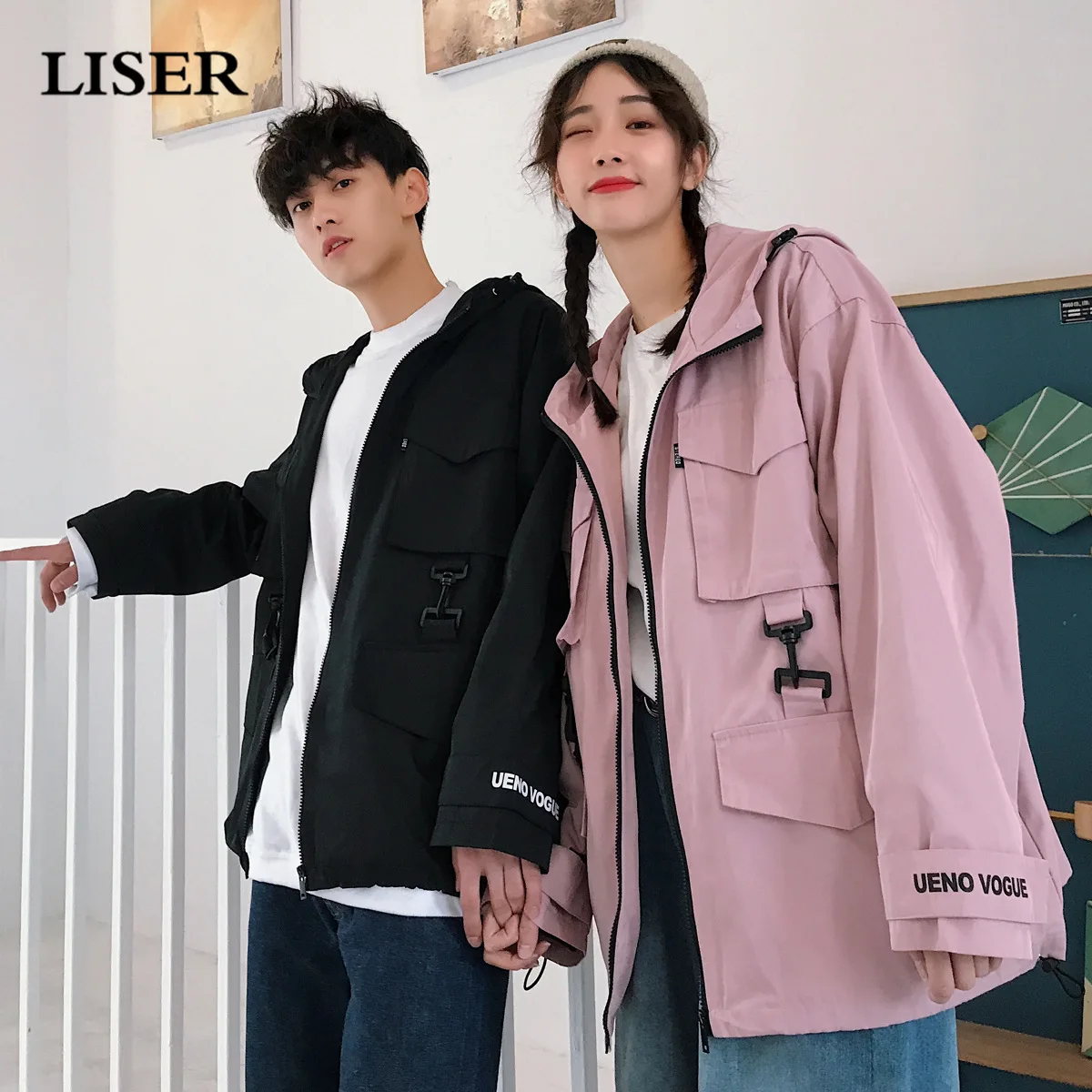 

LISER Hip Hop Jacket Men's and Women's Couple Casual Hooded Tooling Loose Streetwear Harajuku Men Trench Coat