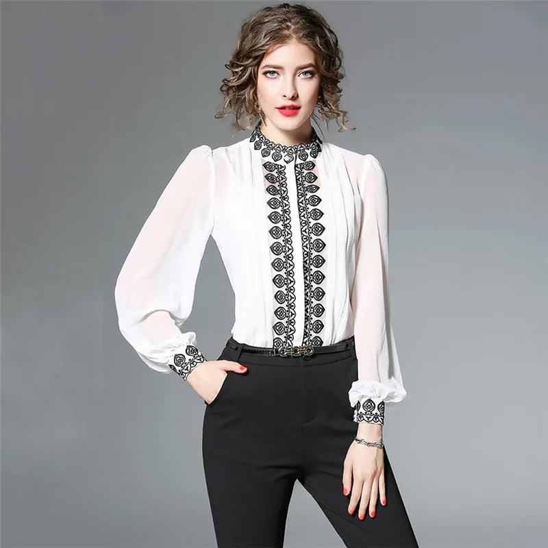 

Spring Long Lantern Sleeve Stand Collar Embroidery Chiffon Shirts Women European Vintage White Chiffon Blouses Black Tops YH229
