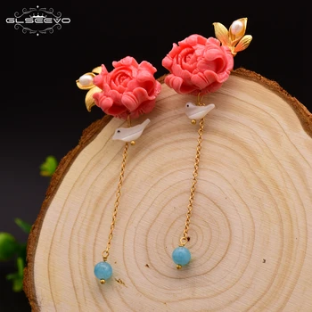 

GLSEEVO 925 Sterling Silver Coral Powder Drop Earrings For Women Natural Blue Crystal Bird Flower Dangle Earring Jewelry GE0413
