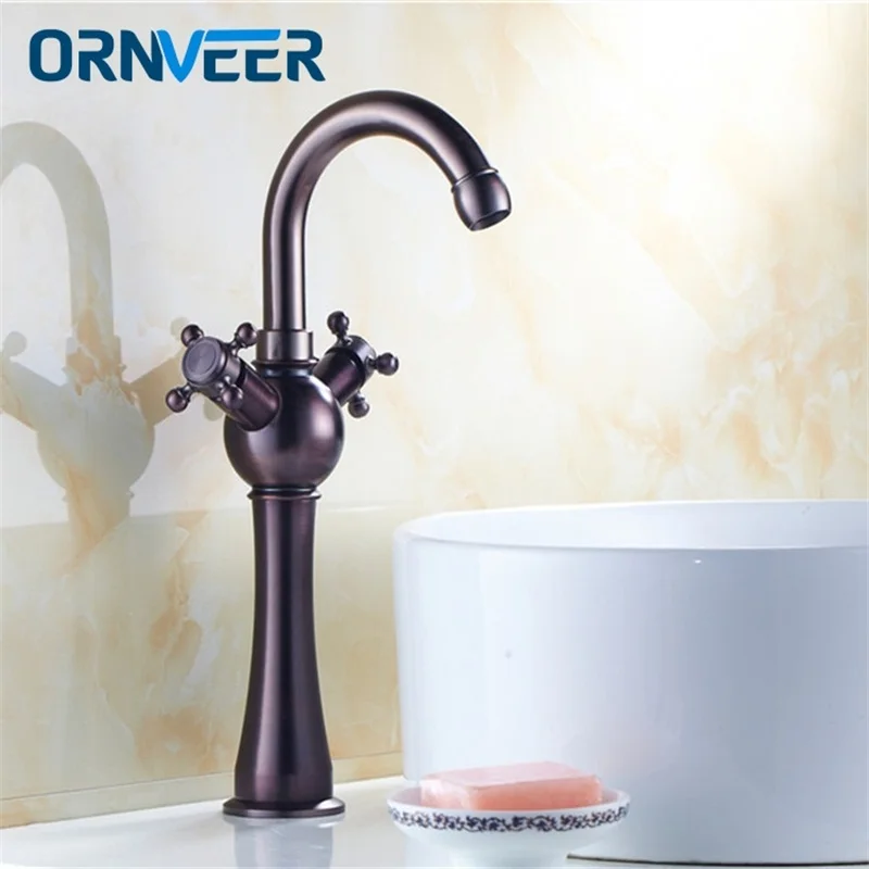 

Royal Oil Rubbed Bronze Tall Rotatable Double Wheel Handle Bathroom Sink Mixer Tap ORB Swivel Curved Basin Faucet A086