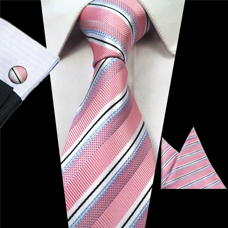 Men Tie Set Silk Jacquard Woven Plaid Ties Handkerchief Cufflinks Set Striped Wedding Necktie RBOCOTT Classic 8cm