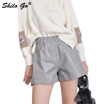 

Leather shorts Womens Spring Fashion sheepskin genuine leather shorts tie stretch high waist colors wide leg shorts