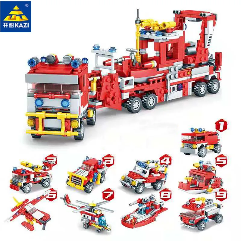 

KAZI Fire Rescue Vehicle Helicopter Water Assembly Blocks 9-in-1 Plastic Particles Boys Toys for Children Christmas Gift 80516