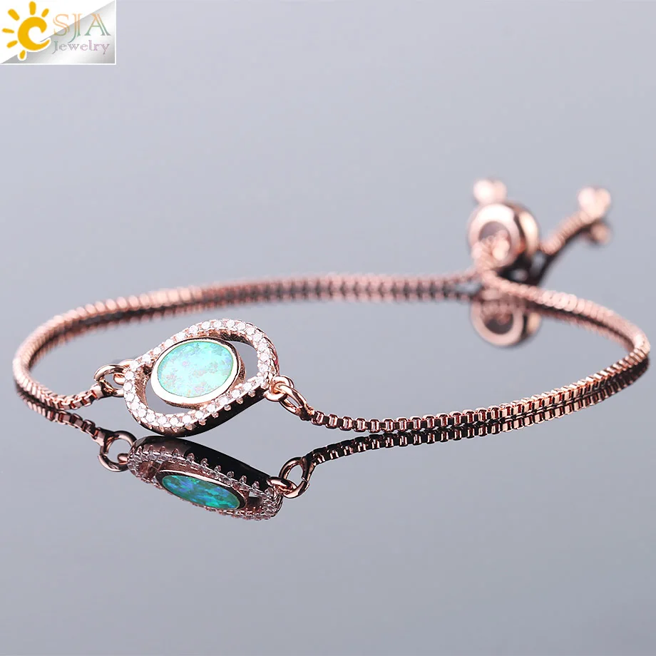 

CSJA Fire Opal Adjustable Charm Bracelets for Women CZ Rose Gold Silver Color Austrian Crystal Friendship Wedding Bangles F463