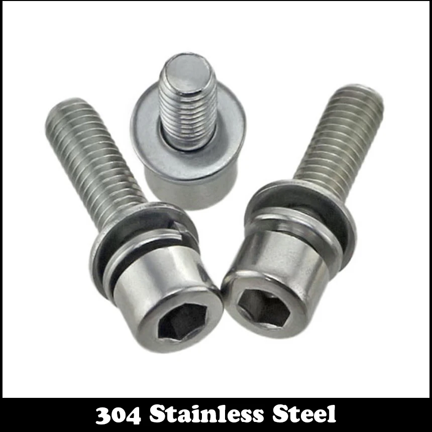 

30pcs M3 6mm M3*6mm 304 Stainless Steel Inner Hex Bolt Hexagon Socket Spring Lock Washer Sems Assembly Screw