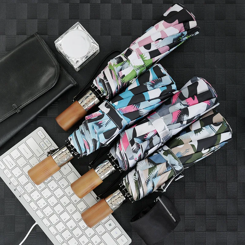 YADA 10 Bone Wood Handle Design Automatic Umbrellas Fold Rain Camo Umbrella For Women UV Rainproof Sun Protection Umbrella YD164
