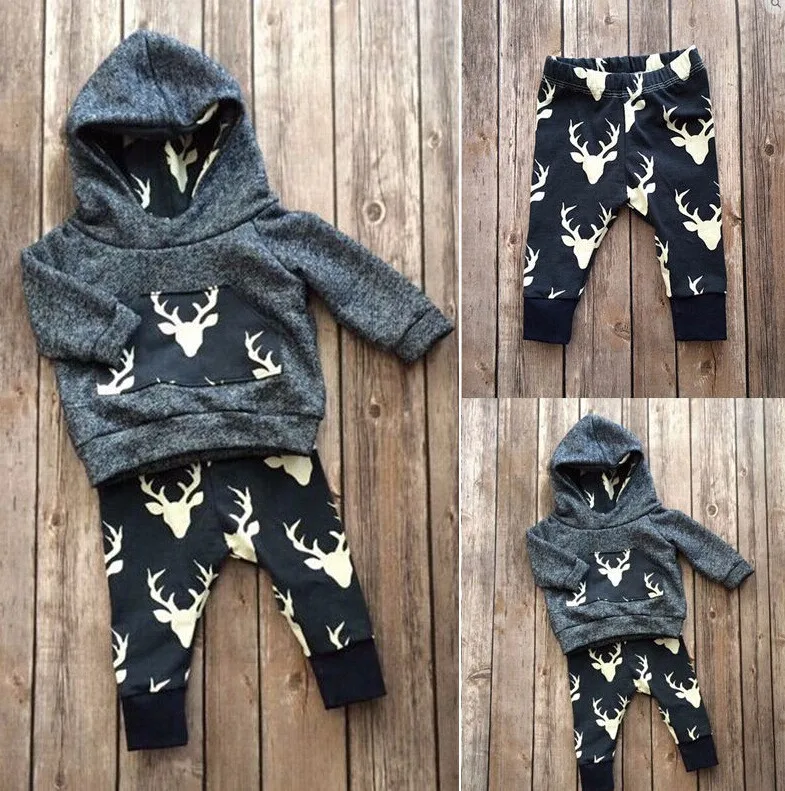 

Retail 2016 New Autumn and winter color cotton High quality long sleeve hooded fleece baby boy set The deer Santa suit