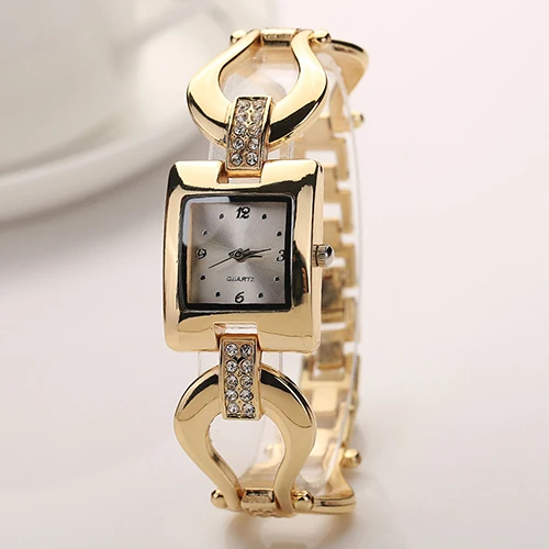 

New Design Women's Golden Bangle Bracelet Rhinestone Square Analog Quartz Dress Wrist Watch