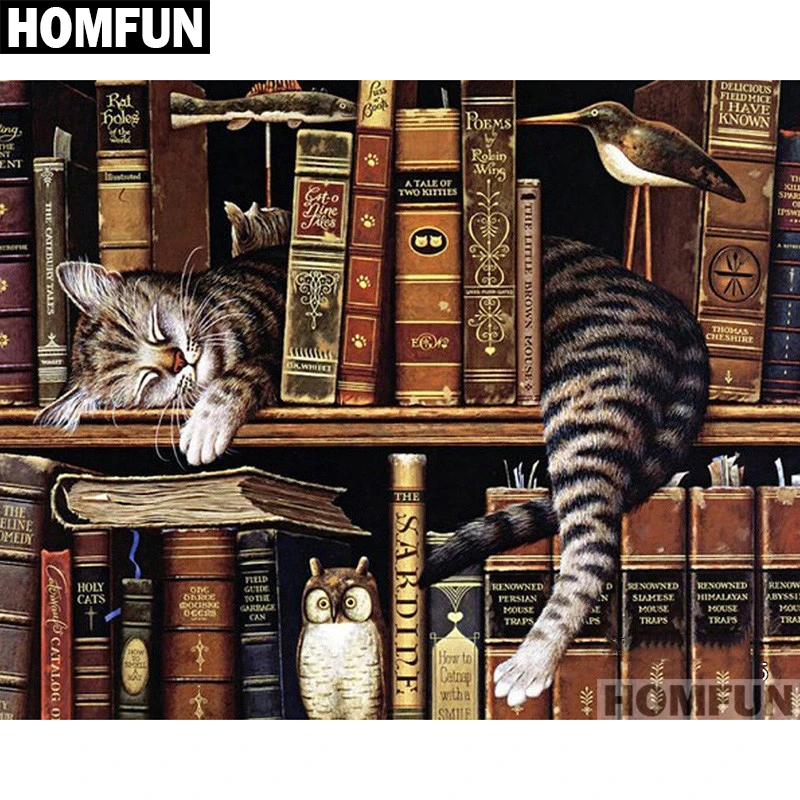 Алмазная вышивка HOMFUN 5D "Кот и книжная полка", полная круглая/квадратная, сделай сам, алмазная Вышивка крестиком, домашний декор, A01079