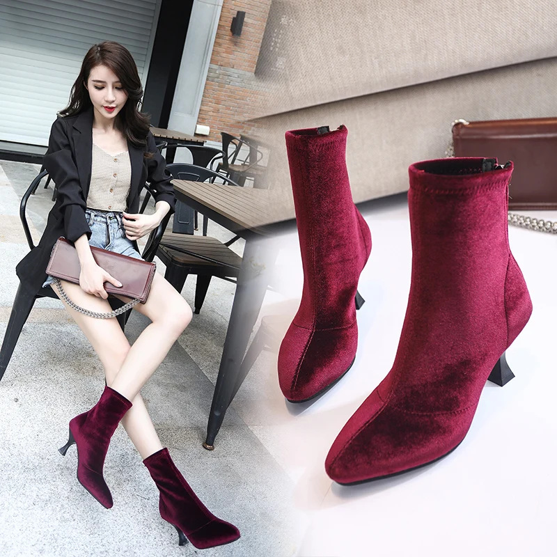 

Kjstyrka Black Red Wine 2019 Women Boots Stretch Fabrics Mid Calf Spring Autumn Shoes High Heels Pointed Toe Ladies Sock Boots