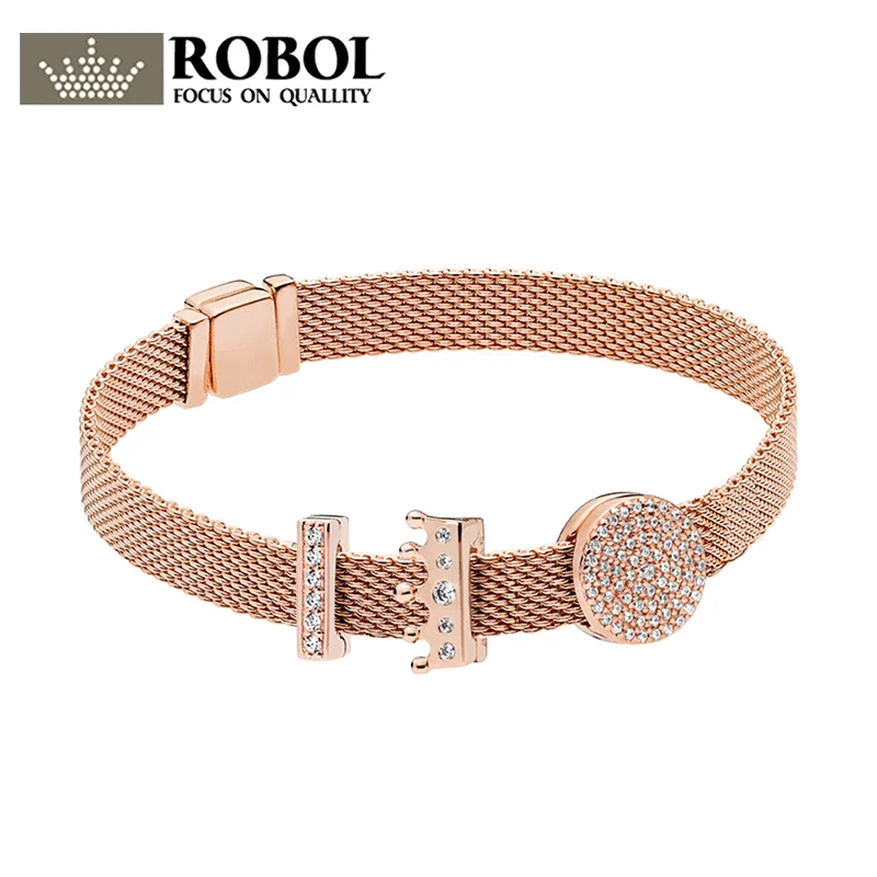 

ROBOL100% 925 Sterling Silver DAZZLING ELEGANCE CLIP Crown Clip Charm Rose Reflexions Timeless Clip Charm ZT0167 Bracelet Set