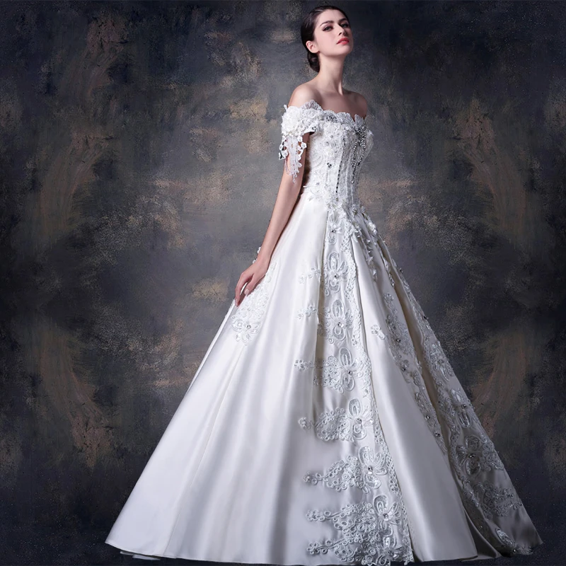 Fashionable Romantic Real Images Hot Sale Satin Short Sleeve Cap Lace  Vestido de noiva Wedding Dresses wedding dress for women