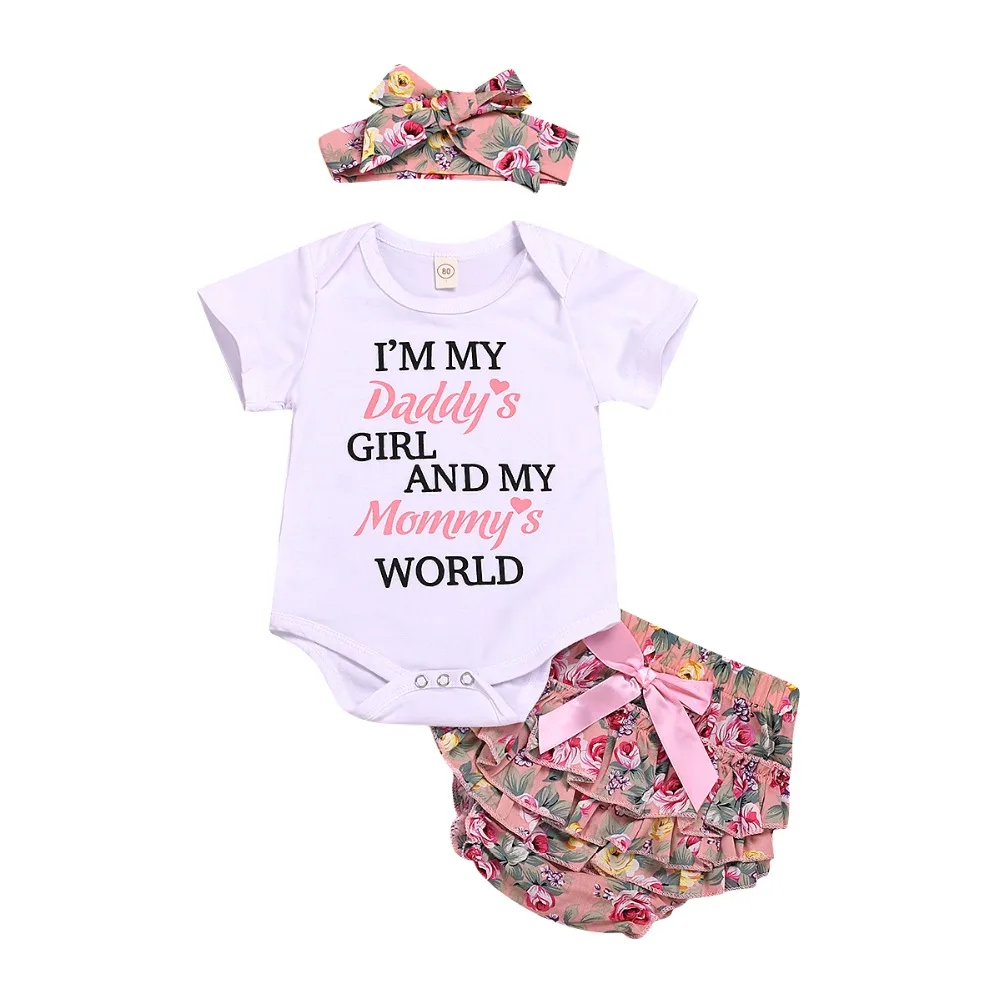 

0-24M Newborn Baby Girl Letter Print Romper + Pants Dress+Headband Outfits Clothes Set Flower Bowknot Baby Clothing