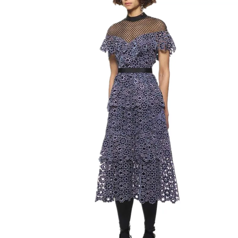 High-end-custom-self-portrait-Purple-embroidery-tufted-flowers-dresses-2017-autumn-fashion-runway-style-lace
