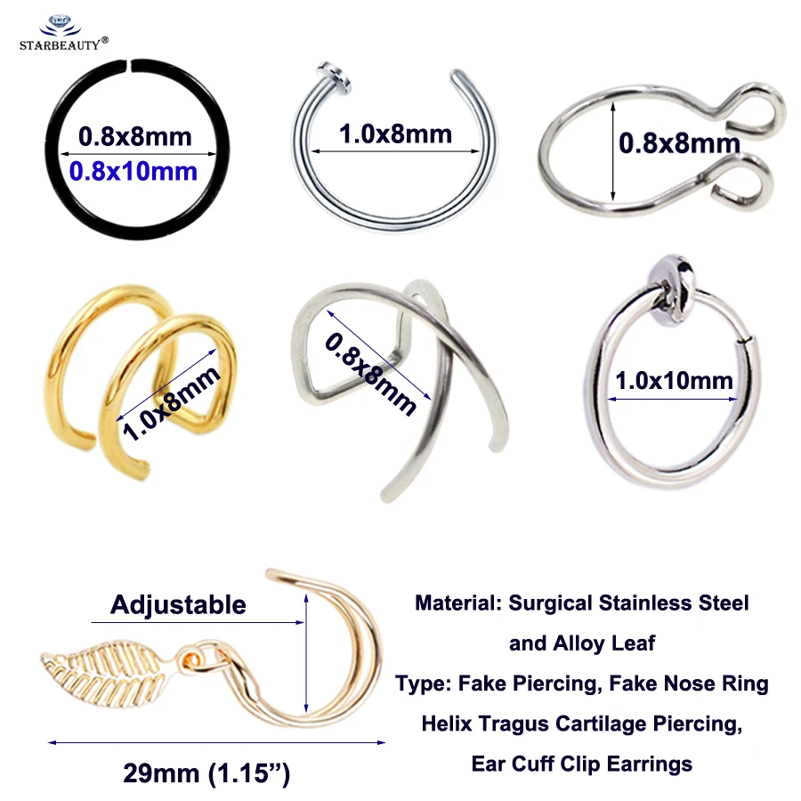 8 шт./компл. простой лист поддельные кольцо для носа и уха манжеты серьги клипсы спирали пирсинг для пупка Серьги Поддельный пирсинг кольцо для пирсинга губ, ювелирное изделие для тела