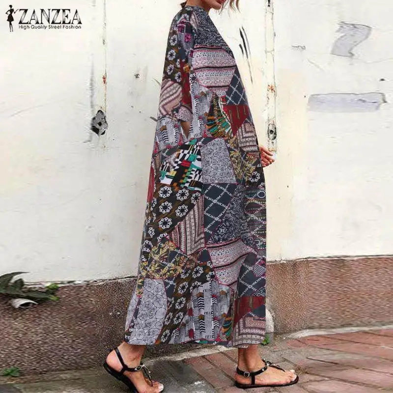 المرأة الزهور فستان الشمس 2019 ZANZEA قفطان المطبوعة ماكسي اللباس طويلة الأكمام الصيف Vestidos الإناث عارضة تونك رداء المتضخم 5XL