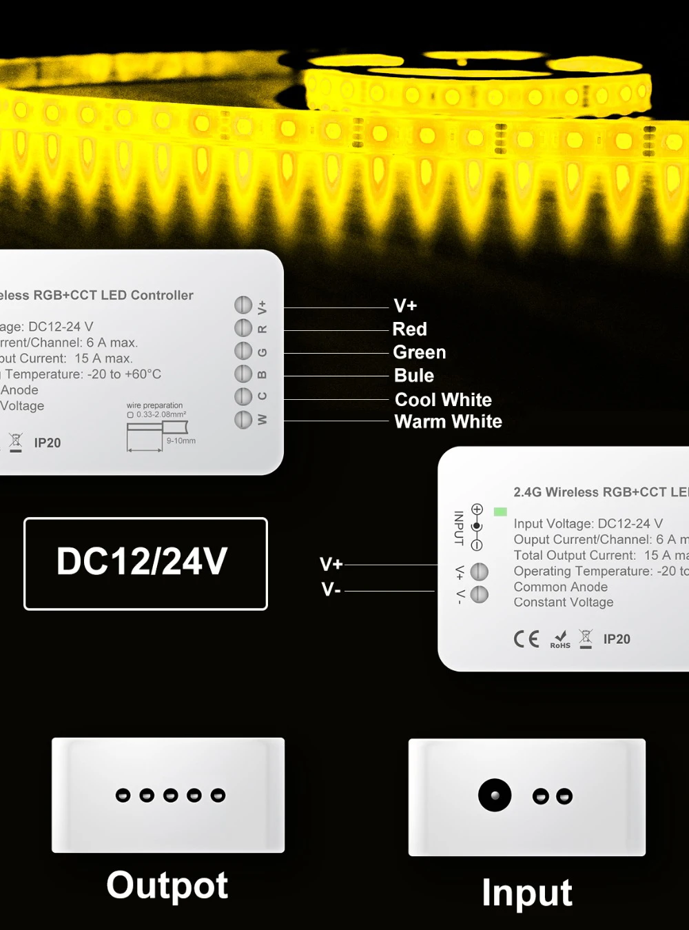 2,4 г RGB+ CCT, зелёный, синий, RGB, WWCW, диммер контроллер, DC12V/DC24V, Цвет и Яркость регулируемый, светодиодный полоски, прожекторы, линейные огни