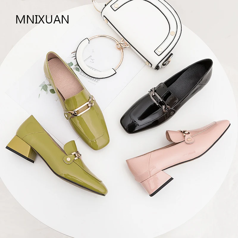 

MNIXUAN Europe fashion autumn women pumps shoes low heels 2019 new patent leather square toe slip on medium heeled big size34-43