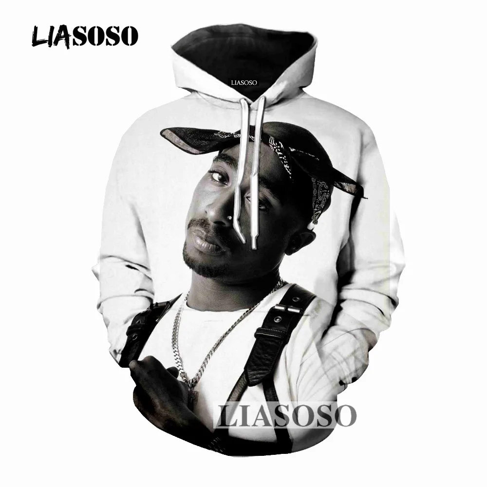 

LIASOSO Harajuku Long Sleeve Hoodies 3D Print 2pac Rapper Hoodies Hip Hop Hooded Handsome Pullover Sweatshirt Clothing T667