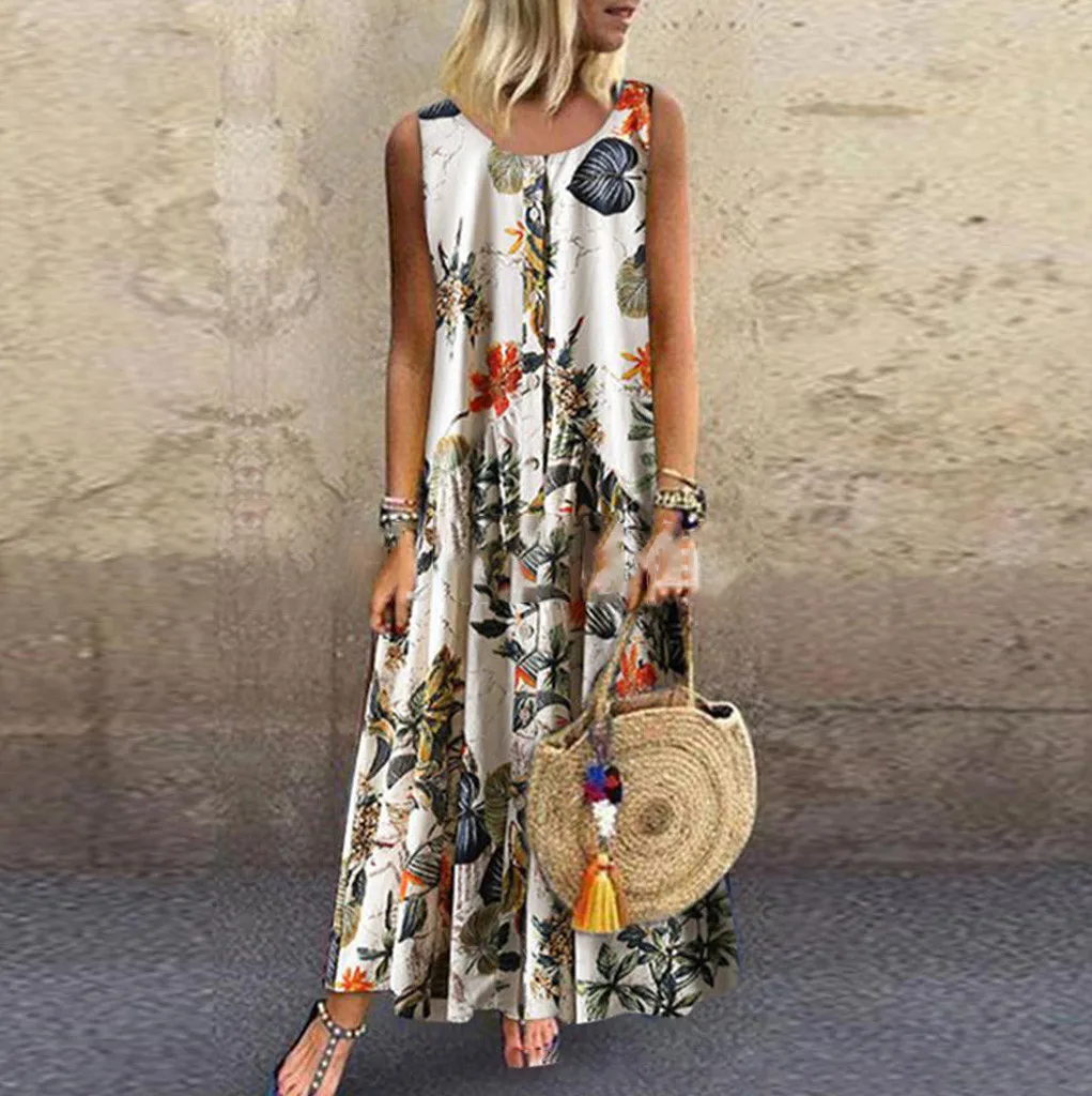 

Plus Size Summer Dress Women Bohemian O-Neck Floral Print Vintage Sleeveless Long Maxi Dresses vestidos verano 2019 mujer