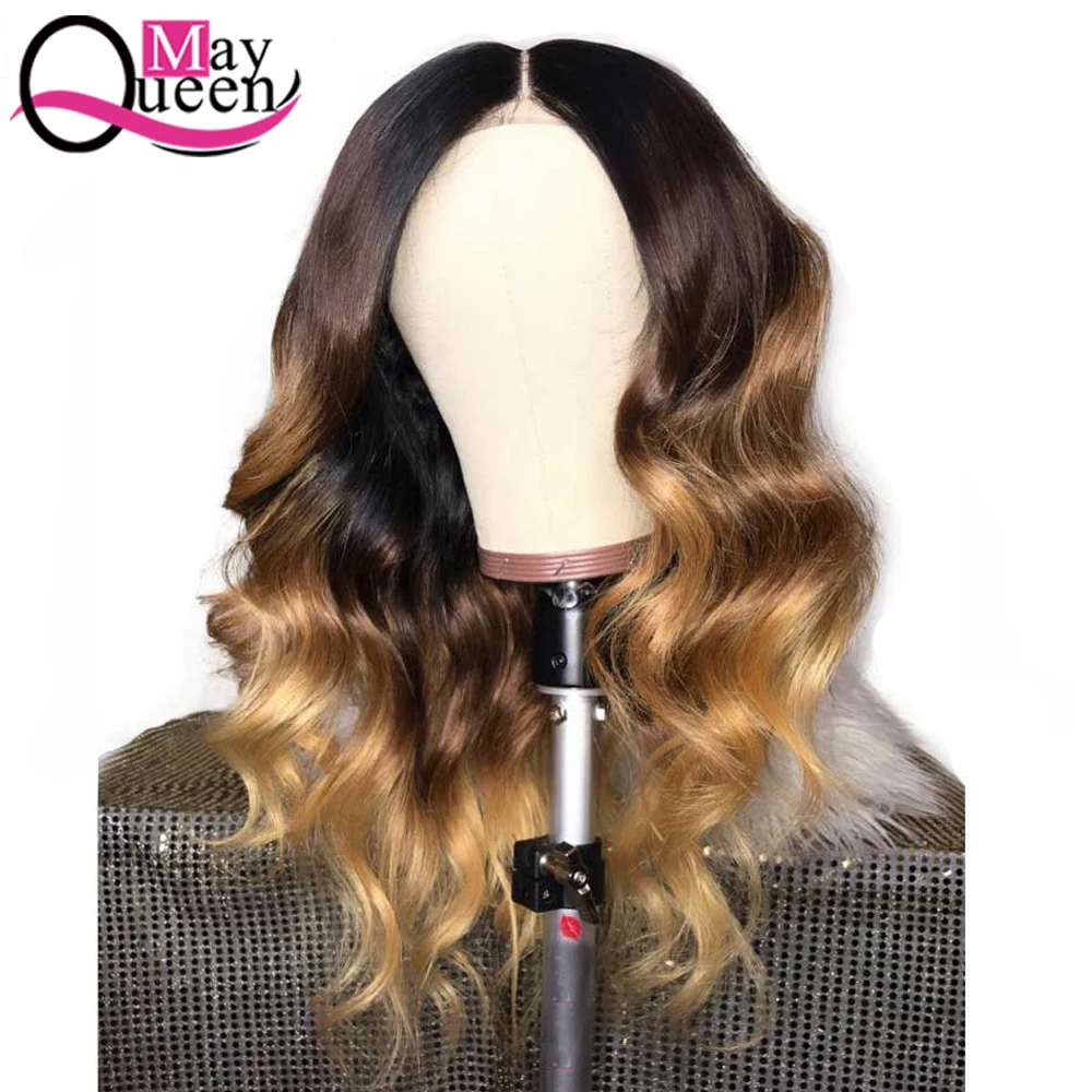 

May Queen 4x4 closure wig Ombre Brazilian Hair body wave 1b 4 27 Burgundy Red Lace Closure Remy Human Hair Wigs Pre Plucked