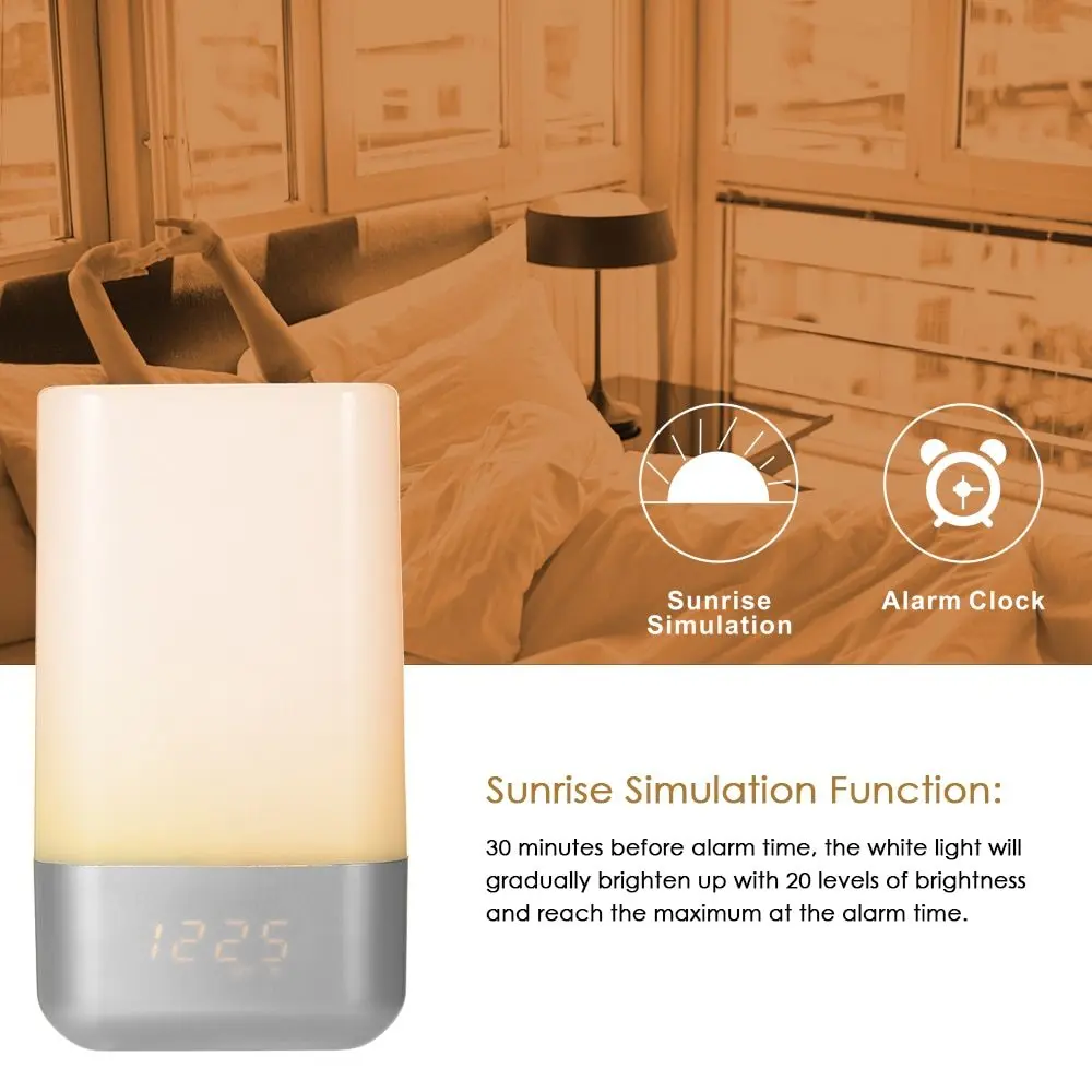 

Wake Up Light Alarm Clock Sunrise Simulation Digital Clock USB Rechargeable LED Digital Alarm Table Clock Colorful Night Light