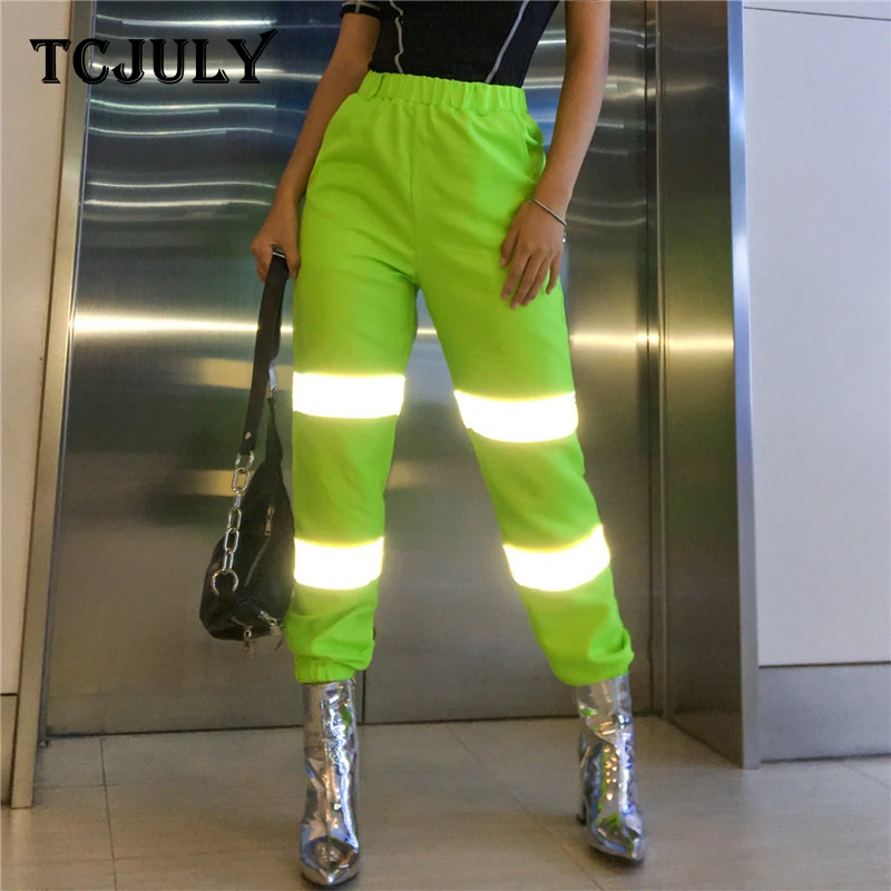 

TCJULY Summer 2019 High Waist Reflective Pants Panelled Patchwork Joggers Women Trousers 100% Polyester Streetwear Casual Pants