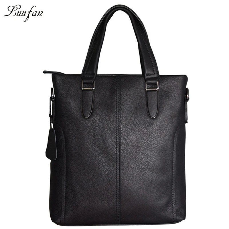 Men's genuine leather business bag A4 Real leather shoulder bag cow leather vertical briefcase cowhide work tote bag black