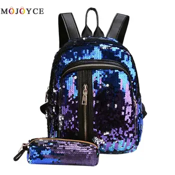 

2pcs/Set Luxury Brand Women Backpack Lady Girls Gorgeous Sequins Leather Backpack Multifunction Mochila