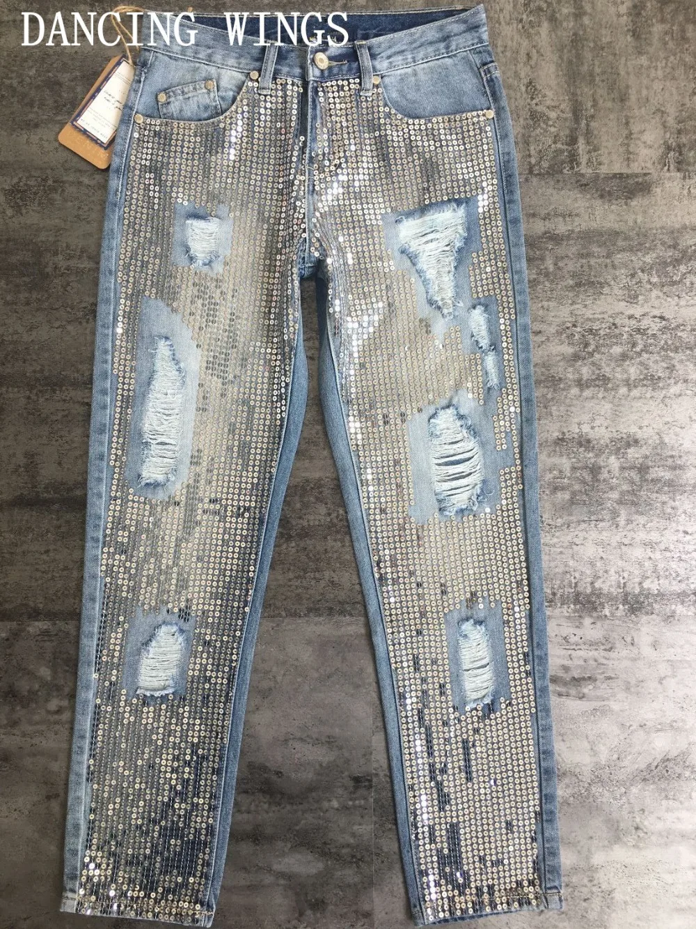 

Fashion Wild Silver Sequins Washed Holes Denim Pants Mid Waist Casual Loose Straight Jeans Women Capris