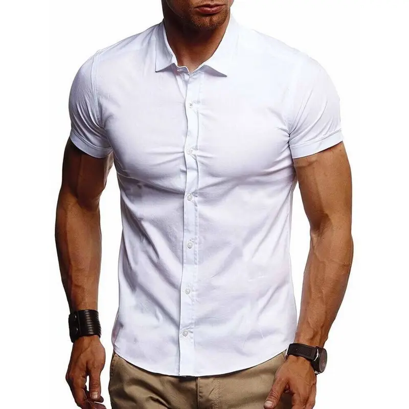 Oeak, мужские летние повседневные рубашки,, сейчас, на пуговицах, с воротником, облегающие, короткий рукав, одноцветные, тянущиеся, повседневные, деловые, офисные рубашки