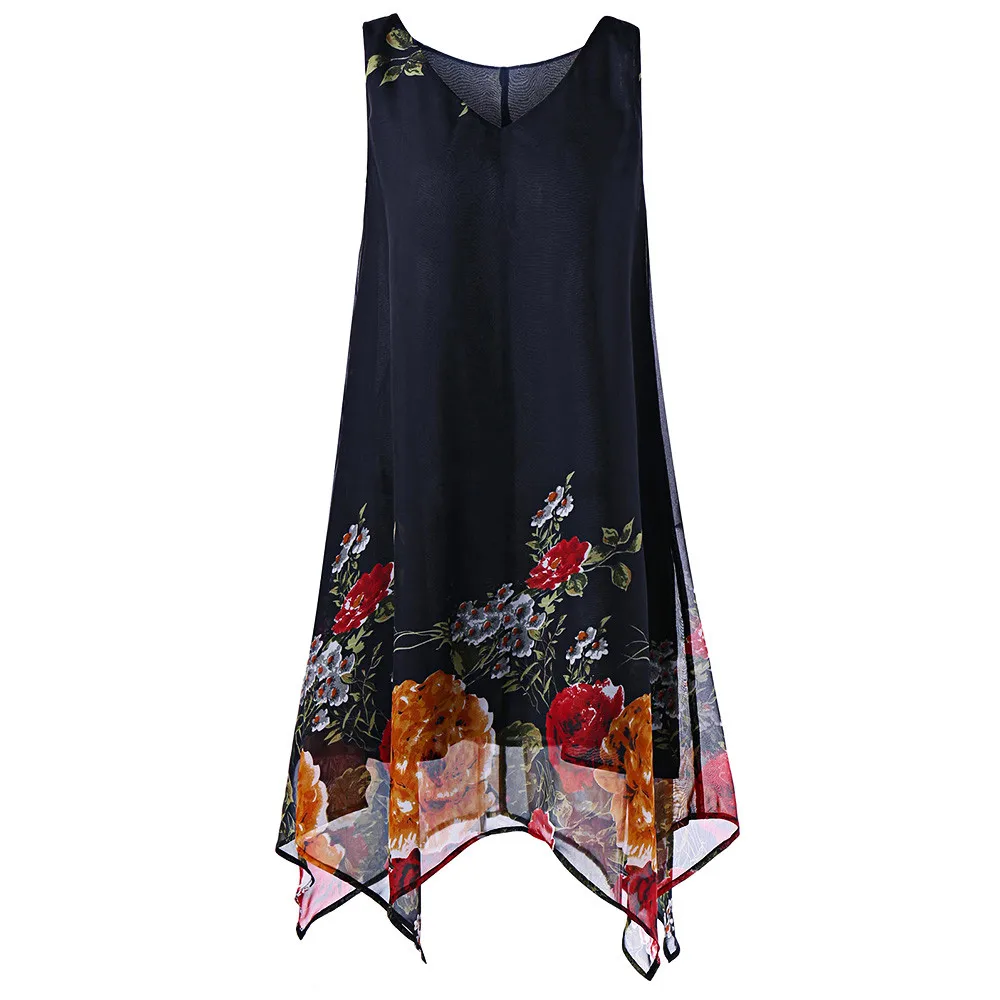 

2018 Summer Dress Women Sexy Sleeveless Loose Tank Oversized Floral Print Boho Beach Chiffon Dress vestido de ver o