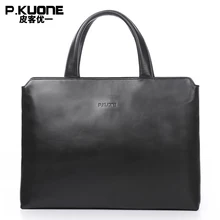 P.KUONE Brand Simple Design Genuine Leather Men Handbag Multifunctional Notebook Bag Business Briefcase Leather Hand Bag For Men