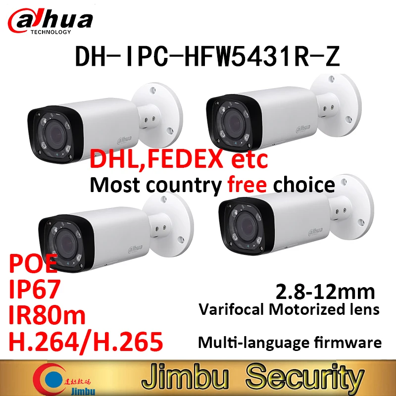 

Dahua 4MP IP bullet Camera 4pcs IPC-HFW5431R-Z IR80m H.265 POE replace IPC-HFW4431R-Z varifocus lens 2.8~12mm Motorized Zoom