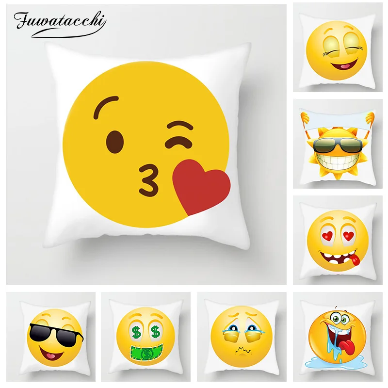 

Fuwatacchi Cute Emoticon Cushion Covers Cartoon Doll Pillow Covers for Home Sofa Chair Decoration Yellow White Pillowcases