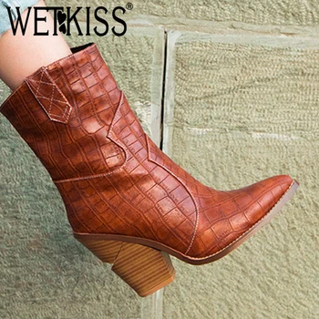 

WETKISS Western Ankle Boots Women Wood Heels High Booties Pointed Toe Shoes Female Designer Shoes Ladies Winter Plus Size 34-44