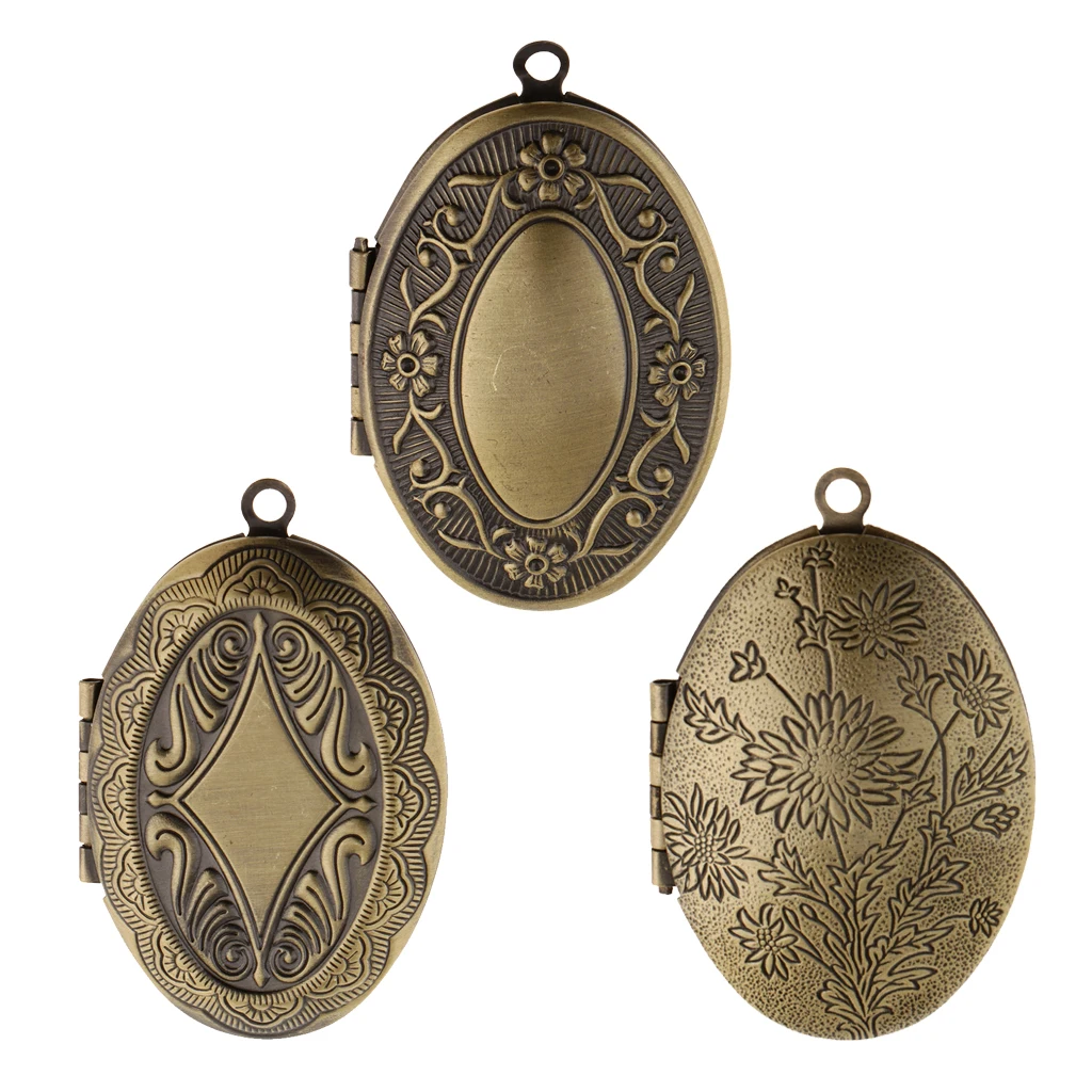Chic Vintage Flower Engraved Photo Picture Frame Charm Oval Shape Locket Pendant DIY Jewelry